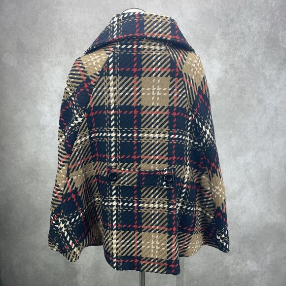 Cejon Poncho Womens S/M Wool Blend Tweed Tartan Plaid High Collar Tan Navy Red - Picture 4 of 6